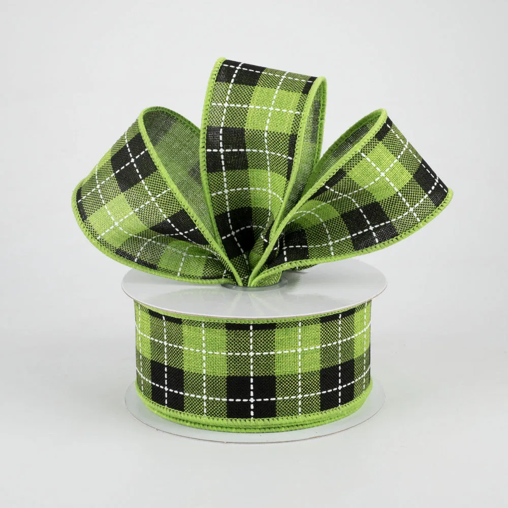 1.5"x10yd Printed Woven Check On Royal Burlap, Fresh Green/Black/White  O48 MA94