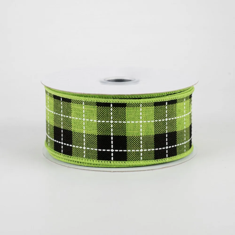 1.5"x10yd Printed Woven Check On Royal Burlap, Fresh Green/Black/White  O48 MA94