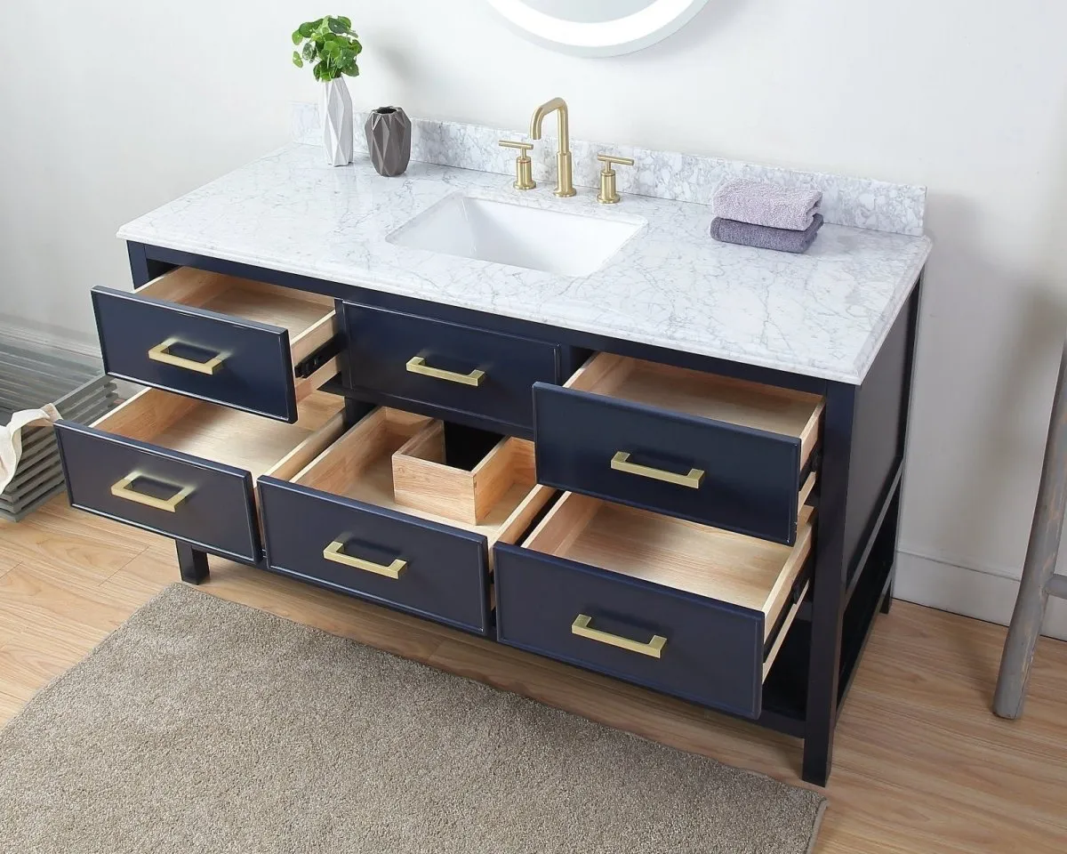 60"  Tennant Brand Italian Carrara Navy Blue Color Finish Single Sink Vanity - Aruzza  # 2822-S60NB