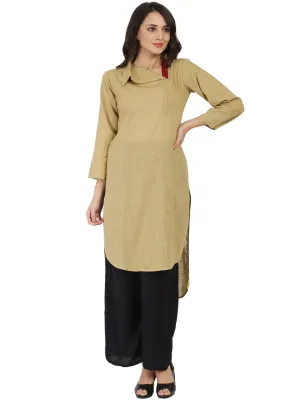 Beige 3/4Th Sleeve Cotton Slub Straight Kurta