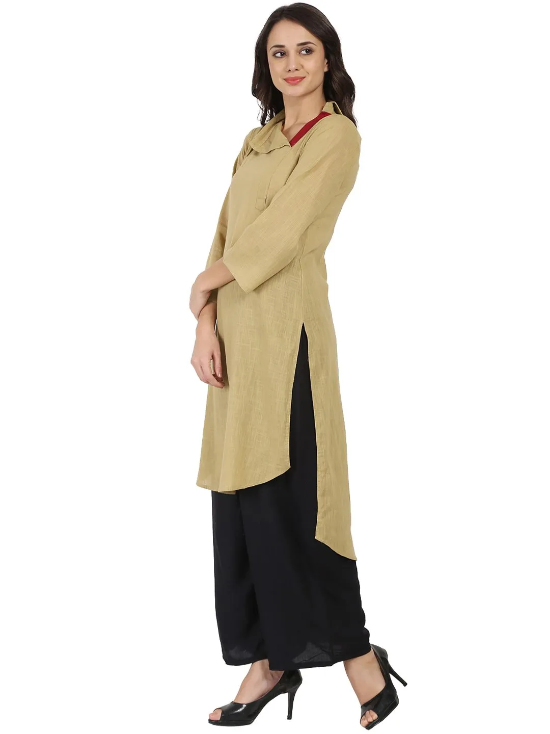 Beige 3/4Th Sleeve Cotton Slub Straight Kurta