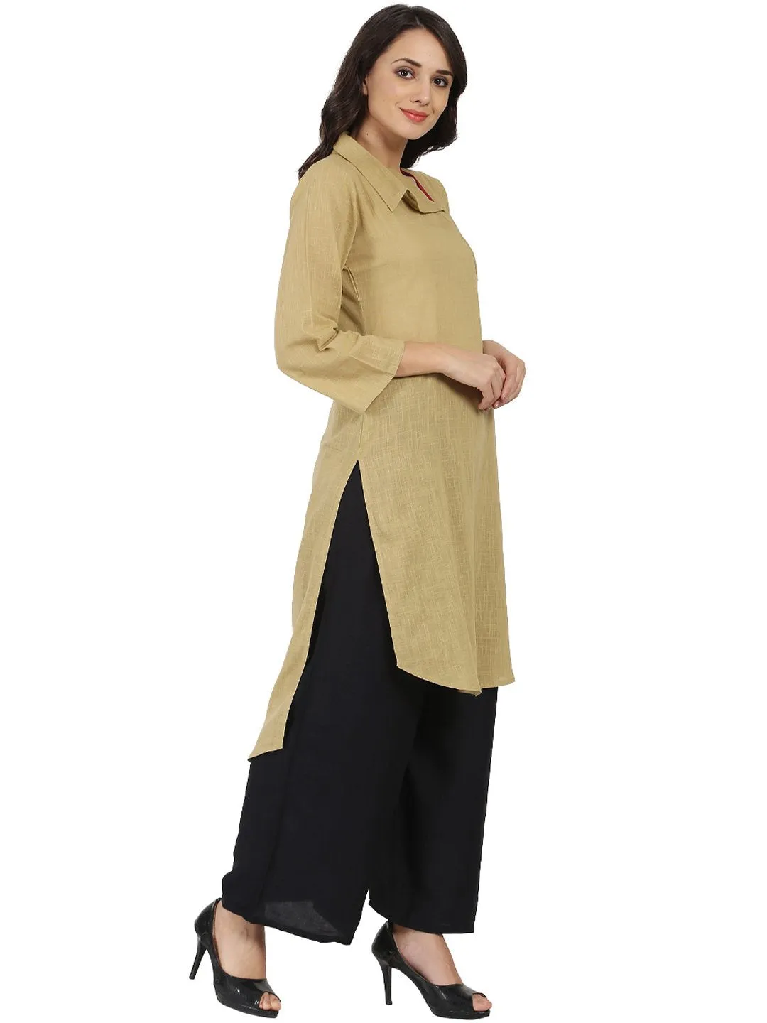 Beige 3/4Th Sleeve Cotton Slub Straight Kurta