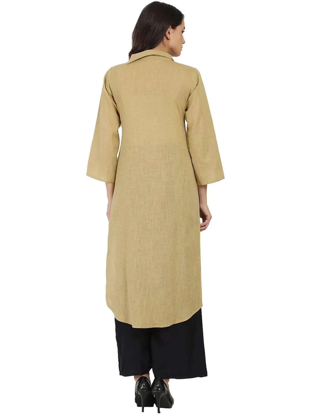 Beige 3/4Th Sleeve Cotton Slub Straight Kurta