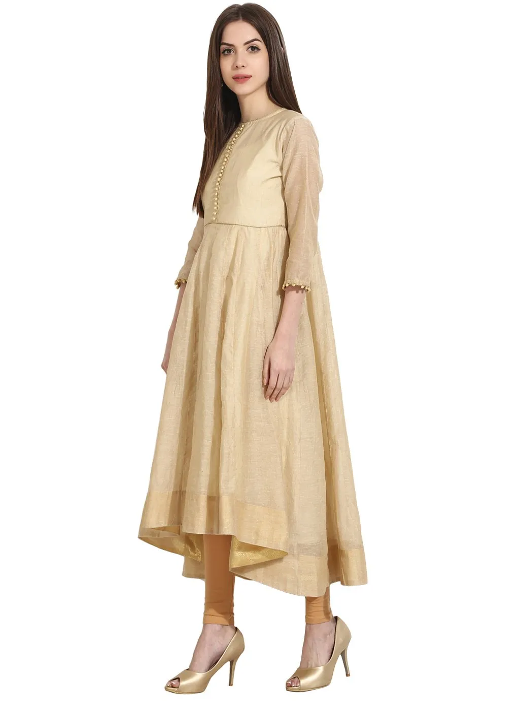 Beige 3/4Th Sleeve Khadi Anarkali Kurta