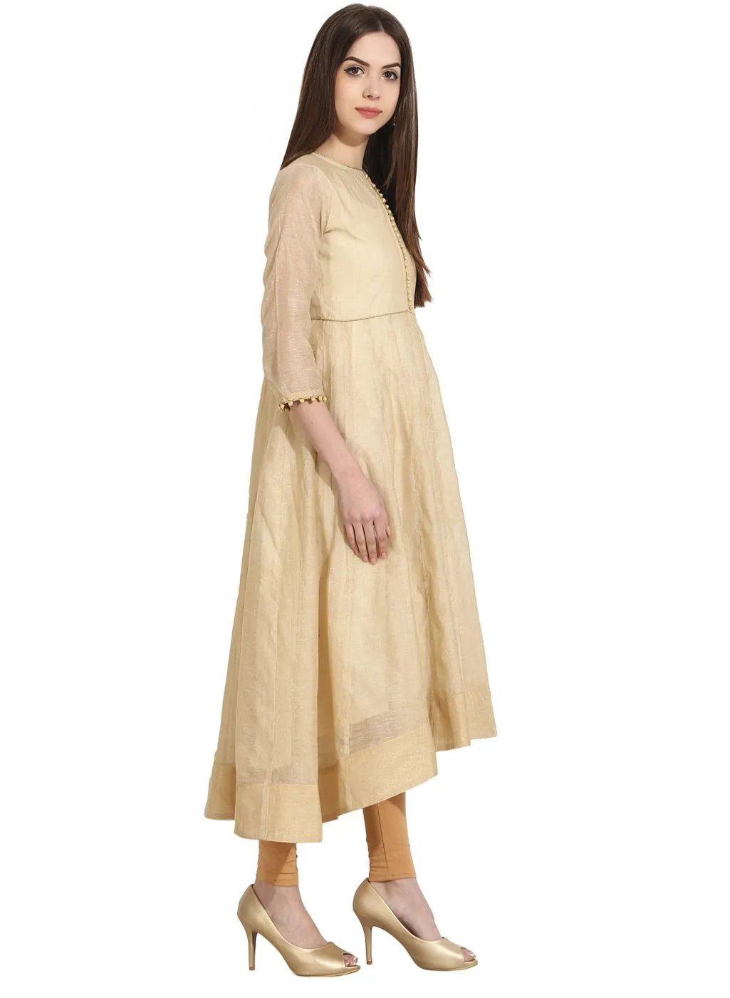 Beige 3/4Th Sleeve Khadi Anarkali Kurta