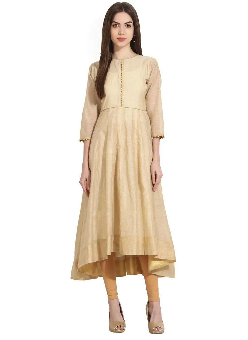 Beige 3/4Th Sleeve Khadi Anarkali Kurta