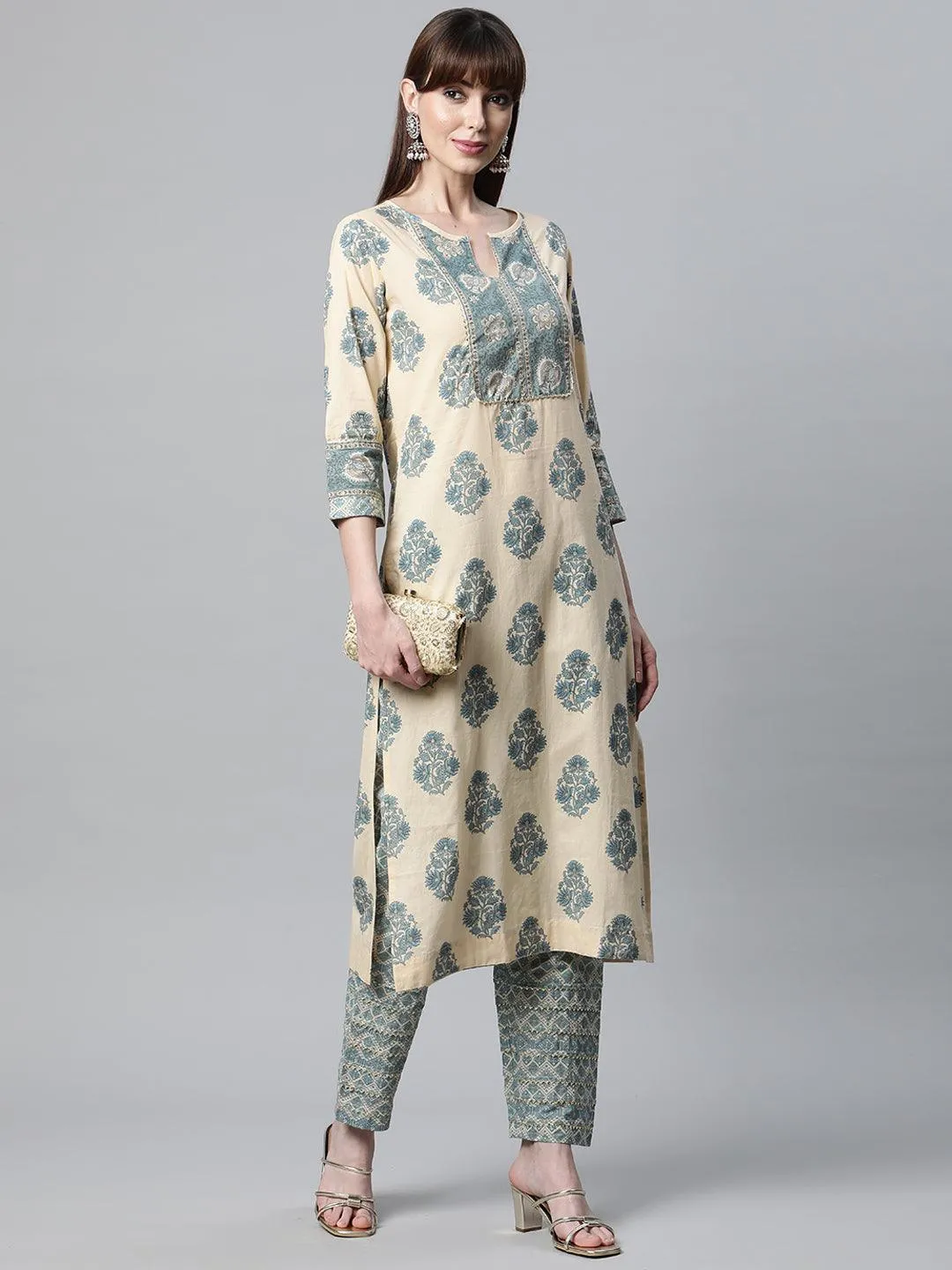 Beige Cotton Straight Kurta Pant Set