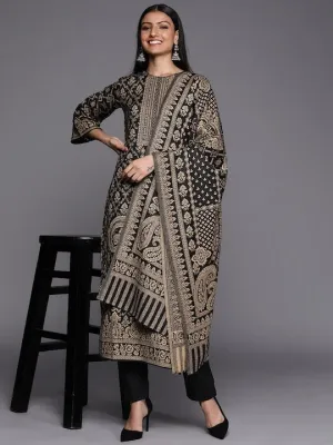 Black & Beige Woven Pashmina Winter Wear Unstitched Dress Material