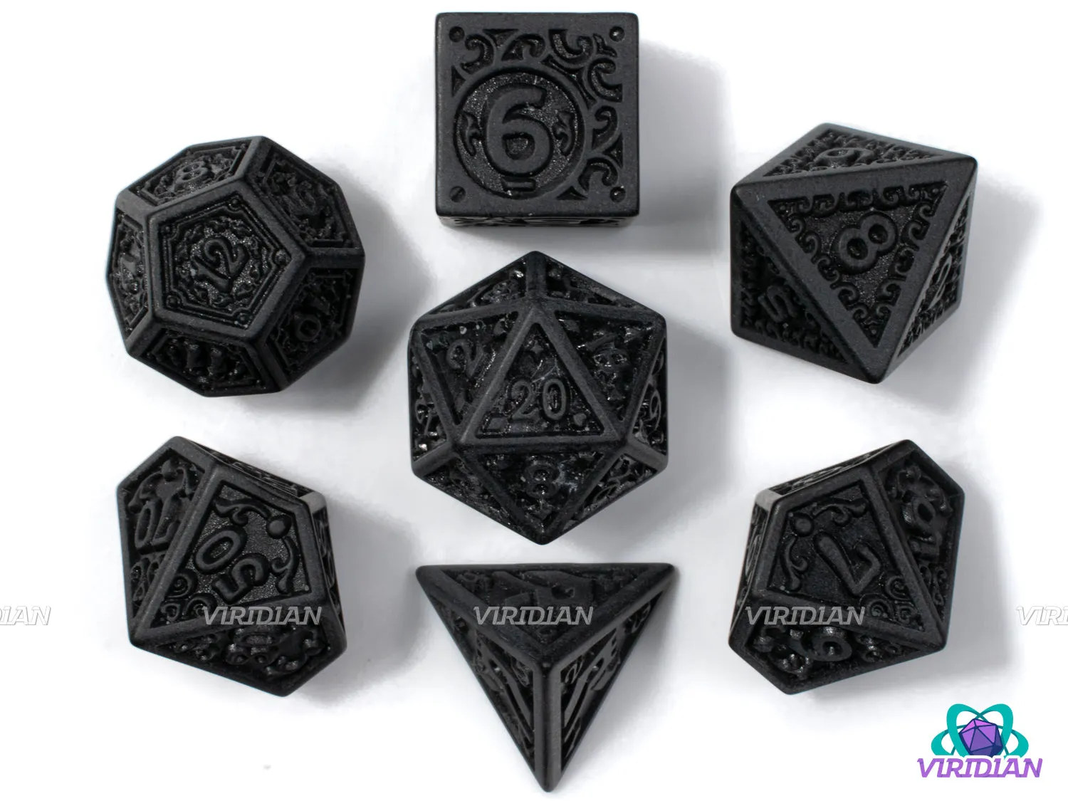 Black Flame (Uninked) | Matte Black Ornate "Magic Flame" Design, Difficult to Read, Uninked | Acrylic Dice Set (7)