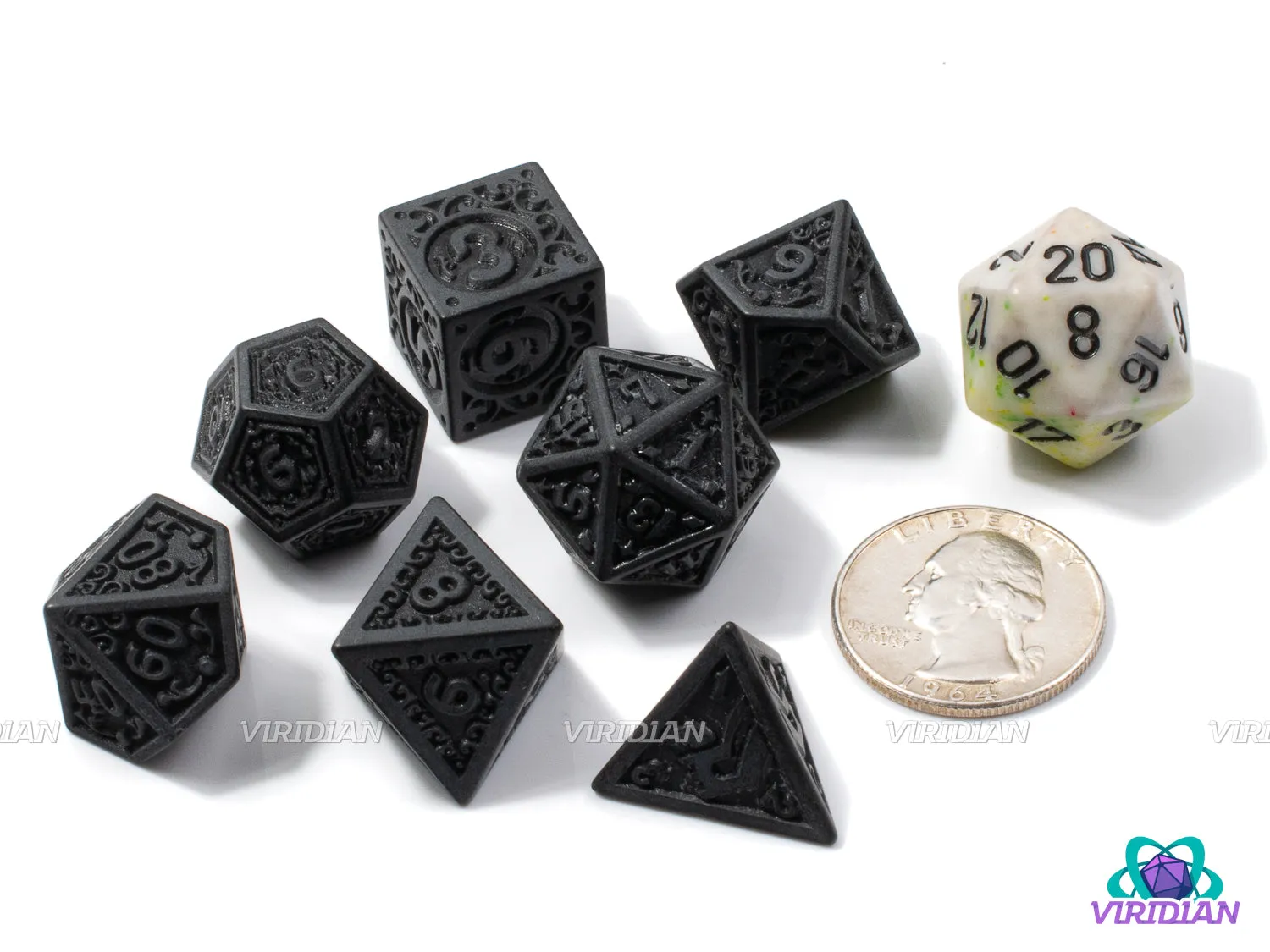 Black Flame (Uninked) | Matte Black Ornate "Magic Flame" Design, Difficult to Read, Uninked | Acrylic Dice Set (7)