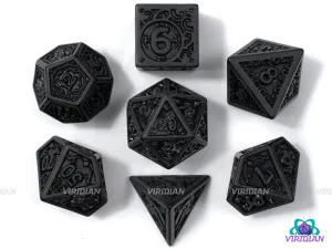 Black Flame (Uninked) | Matte Black Ornate "Magic Flame" Design, Difficult to Read, Uninked | Acrylic Dice Set (7)