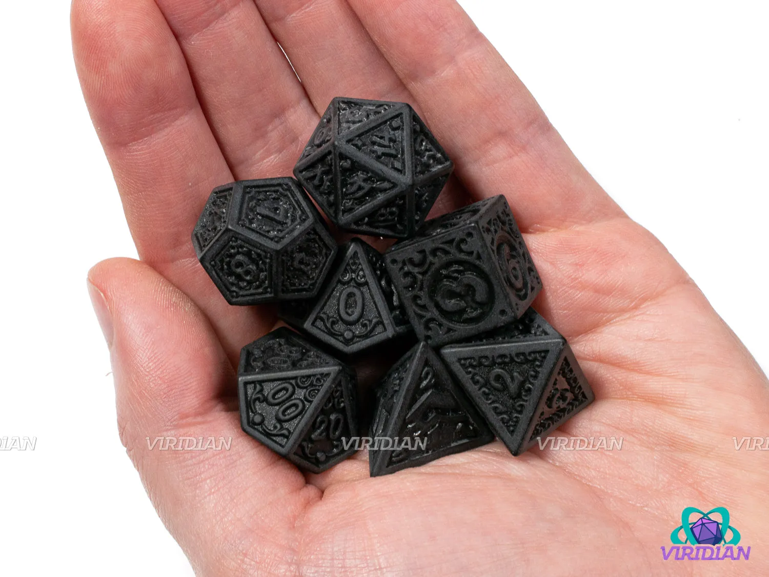 Black Flame (Uninked) | Matte Black Ornate "Magic Flame" Design, Difficult to Read, Uninked | Acrylic Dice Set (7)