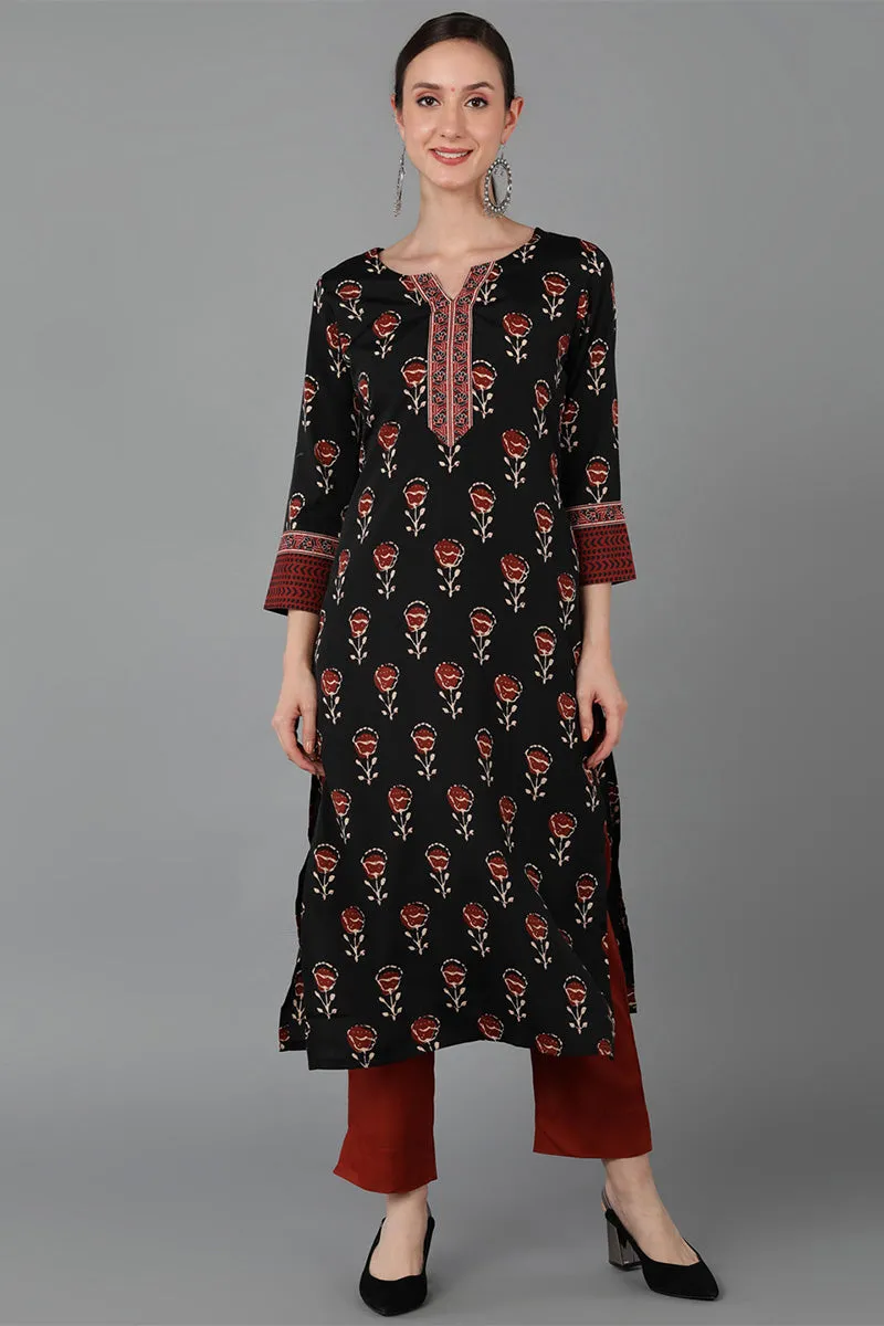 Black Polyester Straight Kurta