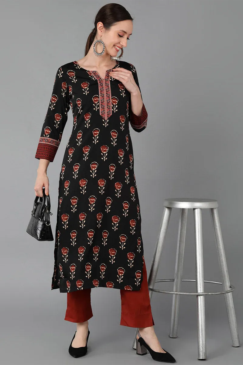 Black Polyester Straight Kurta