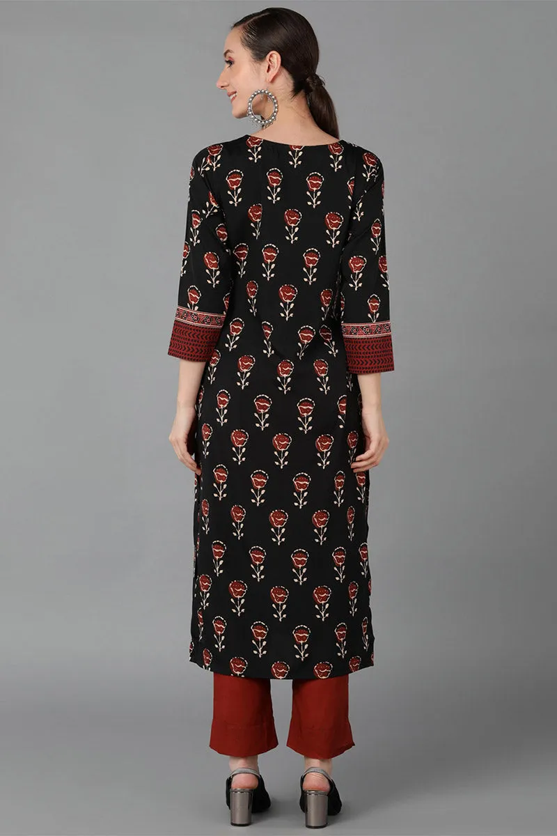 Black Polyester Straight Kurta