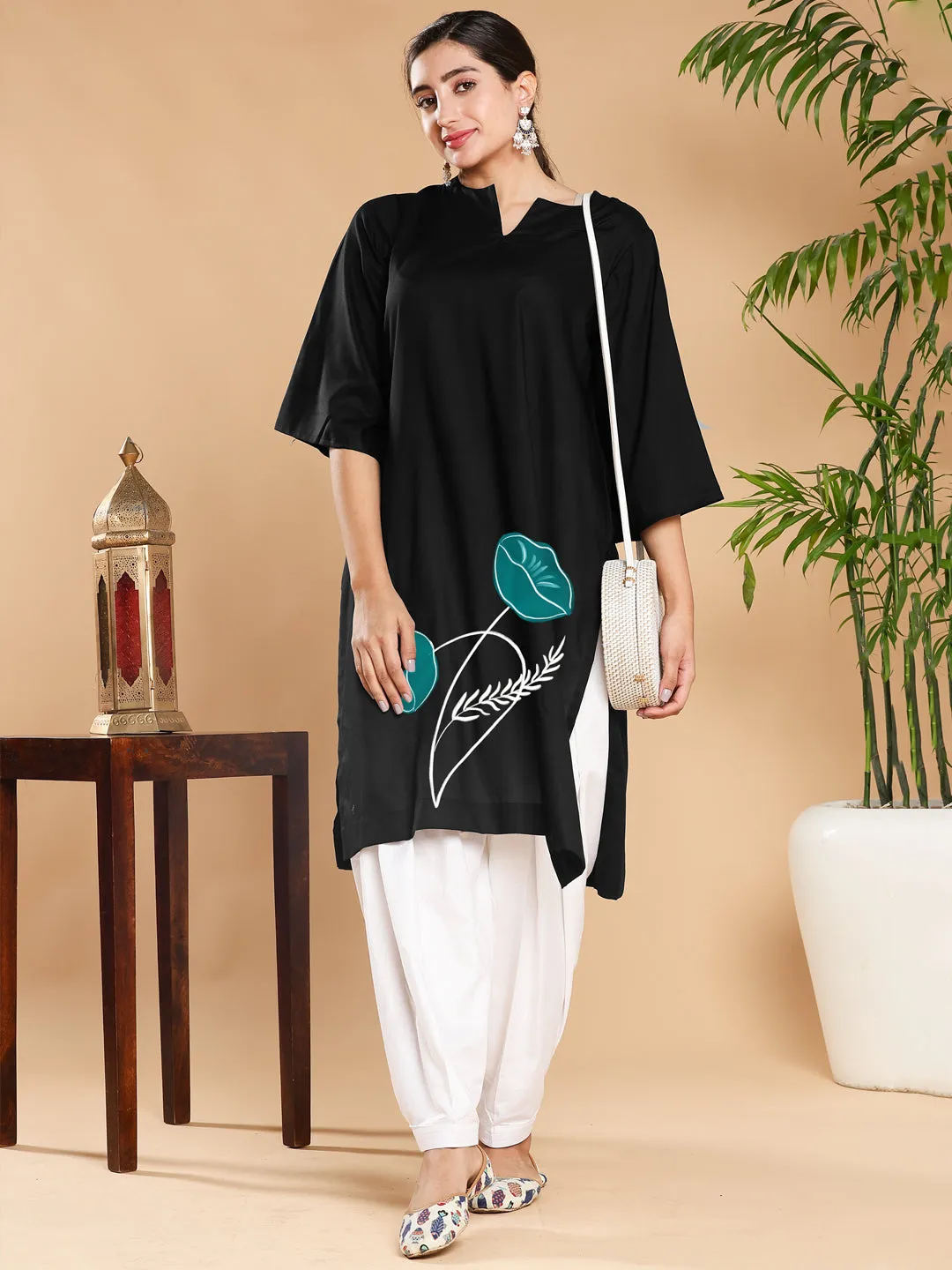 Black Rayon LongKurta - BlueDandelions