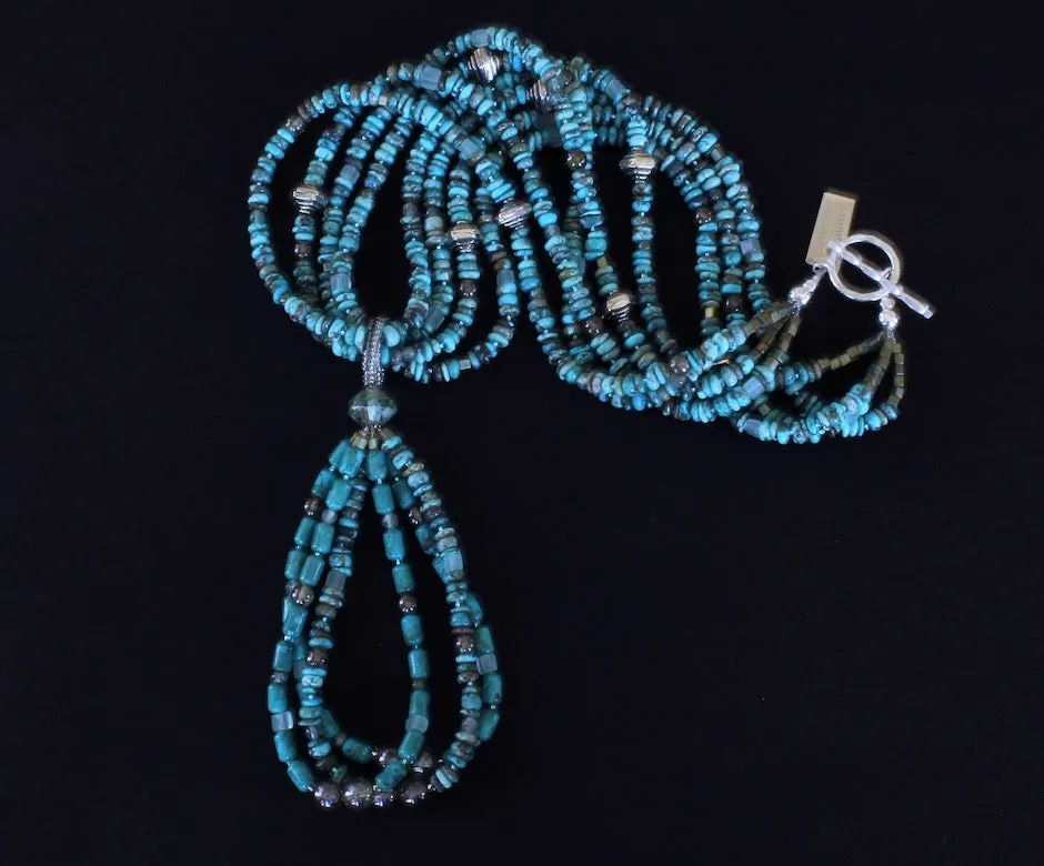 Blue Turquoise Rondelle Bead 4-Strand Necklace with 3-Loop Turquoise Barrel & Rondelle Bead Jacla, Hill Tribe Silver Spiral Bicones, Czech Glass Rounds & Cubes, and a Hammered Sterling Silver Toggle Clasp