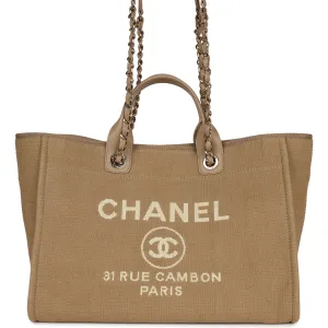 Chanel Large Deauville Shopping Tote Beige Canvas Gold Hardware