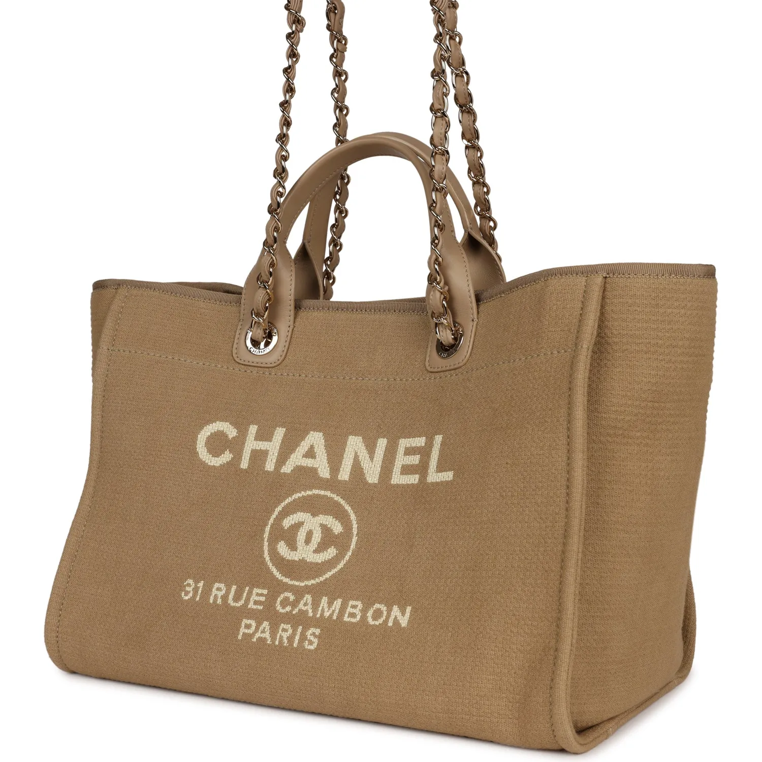 Chanel Large Deauville Shopping Tote Beige Canvas Gold Hardware