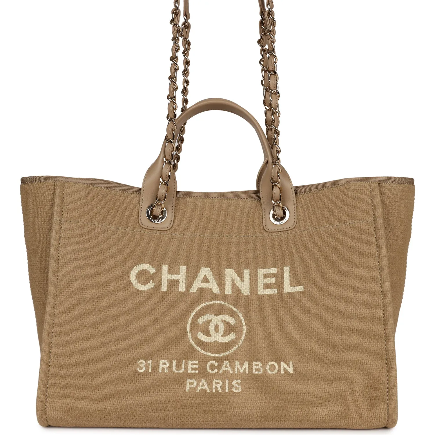 Chanel Large Deauville Shopping Tote Beige Canvas Gold Hardware