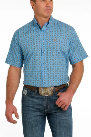 Cinch Mens Medallion Print Button Down S/S Shirt - Blue/Grey/White - MTW1111423