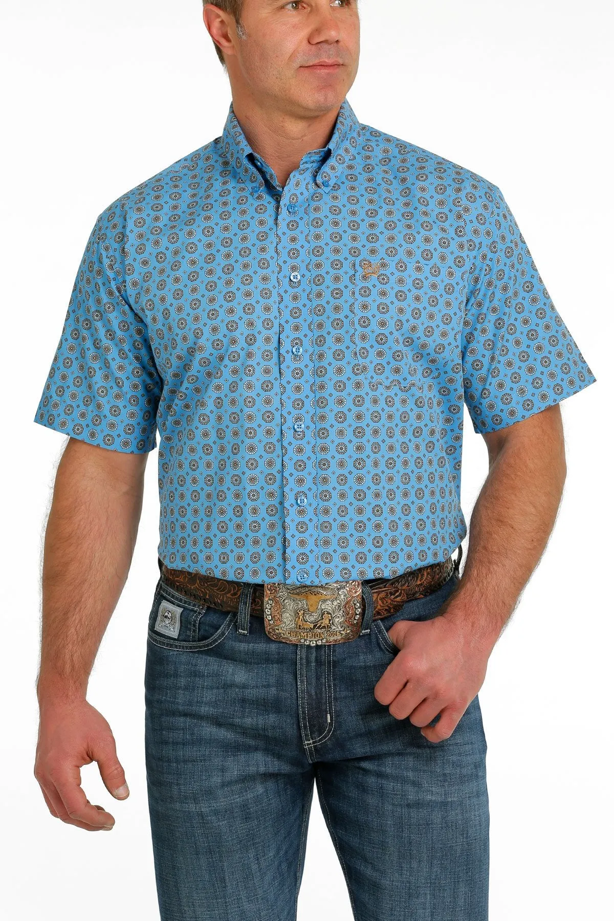 Cinch Mens Medallion Print Button Down S/S Shirt - Blue/Grey/White - MTW1111423