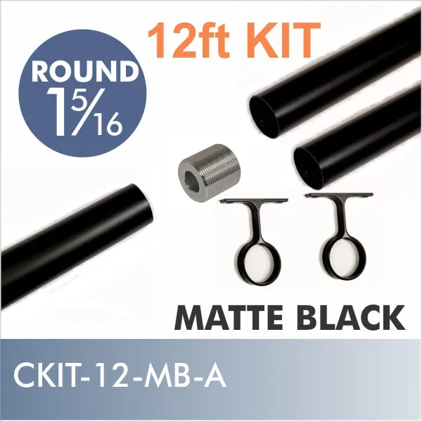 CONNECT Threaded 1 5/16 Round Rod Kit, 12ft, Matte Black, Style A