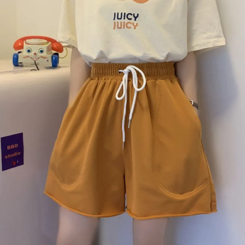 Cotton Women Sweat Shorts Loose Summer Elastic Waist Jogger Wide Leg Shorts Casual Solid Pockets Girls Biker Shorts Fashion