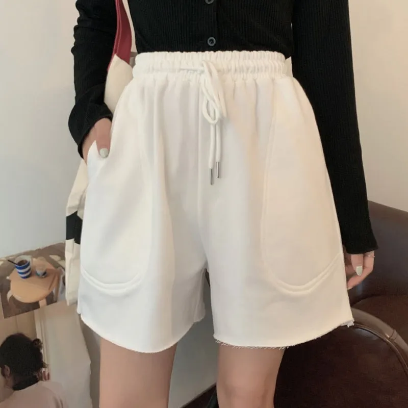 Cotton Women Sweat Shorts Loose Summer Elastic Waist Jogger Wide Leg Shorts Casual Solid Pockets Girls Biker Shorts Fashion