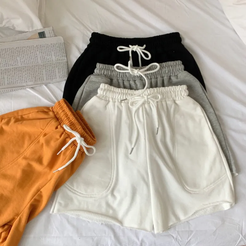 Cotton Women Sweat Shorts Loose Summer Elastic Waist Jogger Wide Leg Shorts Casual Solid Pockets Girls Biker Shorts Fashion