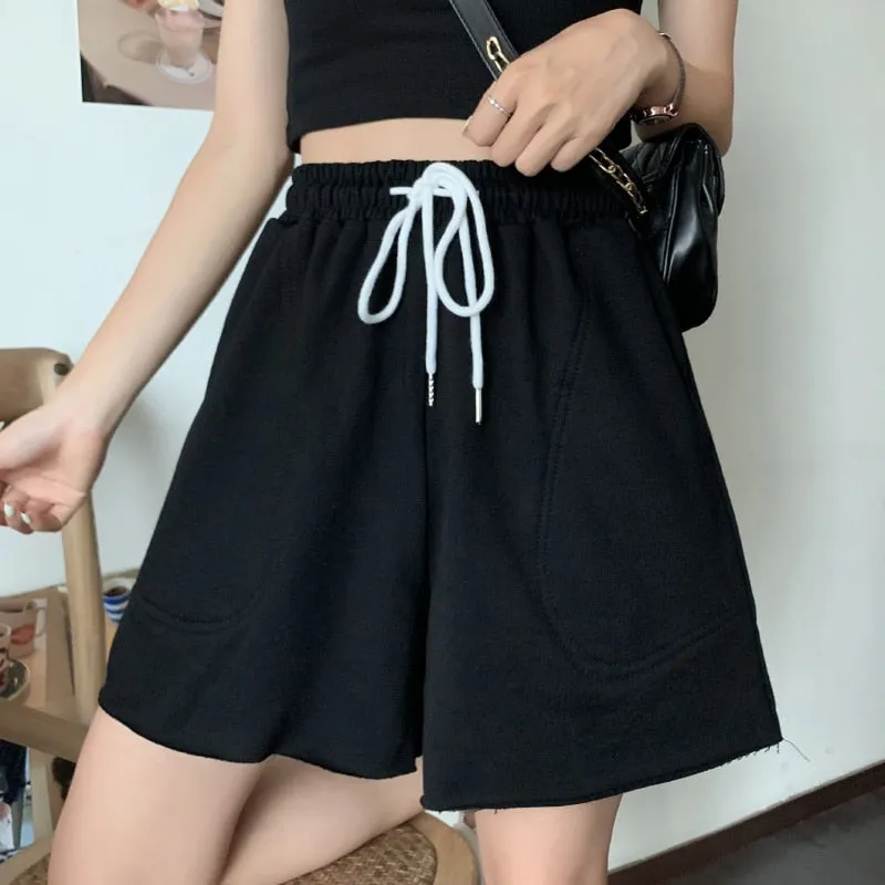 Cotton Women Sweat Shorts Loose Summer Elastic Waist Jogger Wide Leg Shorts Casual Solid Pockets Girls Biker Shorts Fashion