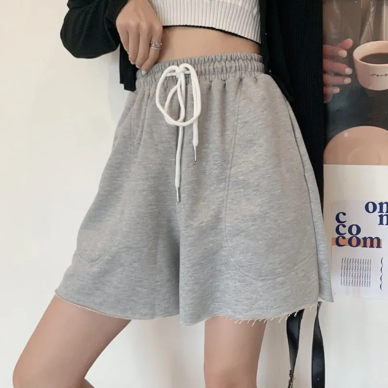Cotton Women Sweat Shorts Loose Summer Elastic Waist Jogger Wide Leg Shorts Casual Solid Pockets Girls Biker Shorts Fashion