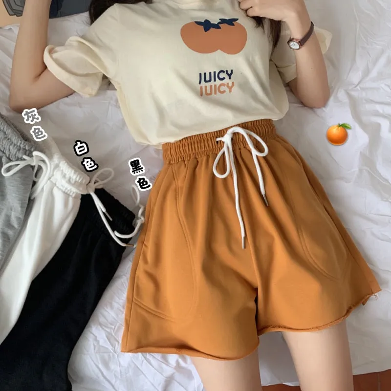 Cotton Women Sweat Shorts Loose Summer Elastic Waist Jogger Wide Leg Shorts Casual Solid Pockets Girls Biker Shorts Fashion