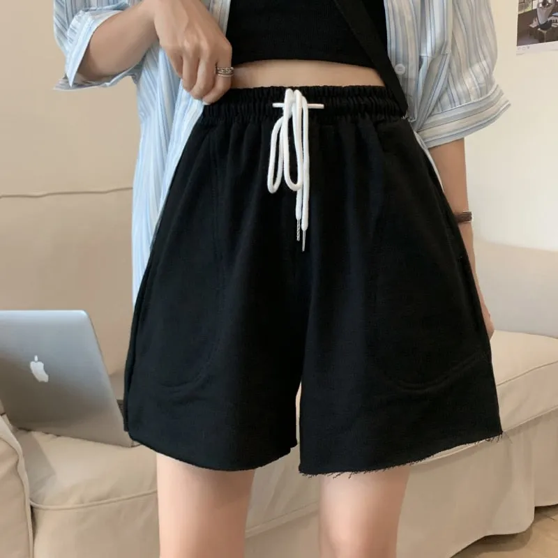 Cotton Women Sweat Shorts Loose Summer Elastic Waist Jogger Wide Leg Shorts Casual Solid Pockets Girls Biker Shorts Fashion