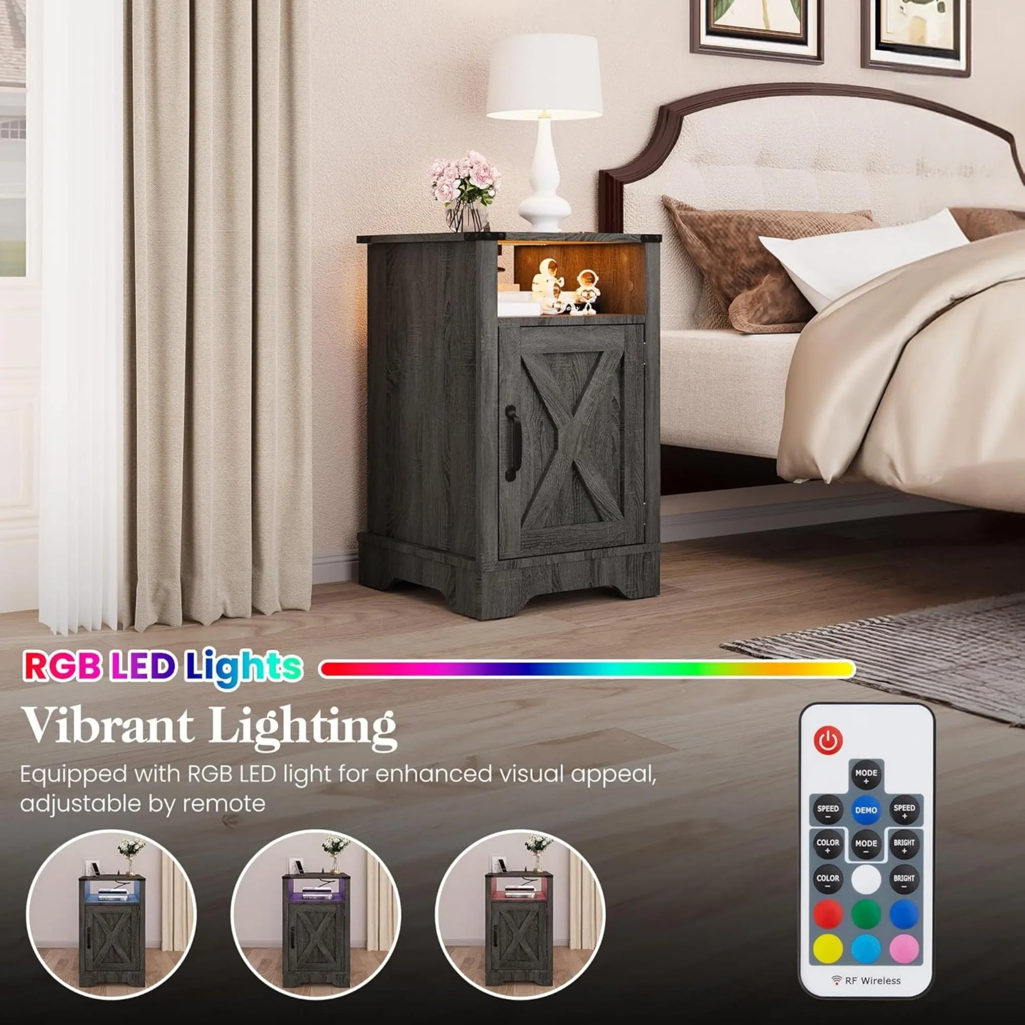 CozyHome LED Nightstand Set of 2 with Charging Station, Bedside Table with Storage Cabinet and Shelf, Rustic End Table, Farmhouse Wooden Side Table, for Bedroom, Living Room, Grey