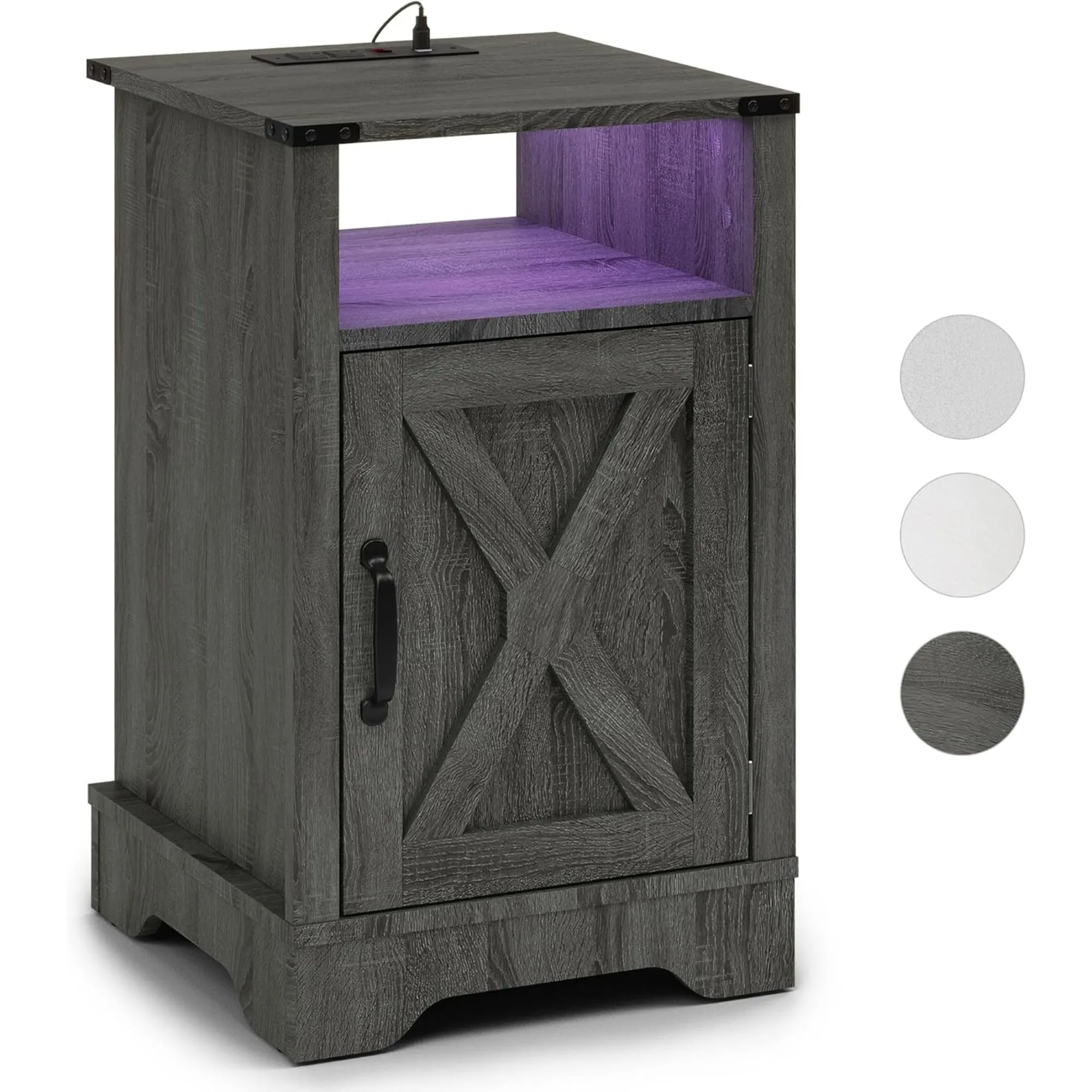 CozyHome LED Nightstand Set of 2 with Charging Station, Bedside Table with Storage Cabinet and Shelf, Rustic End Table, Farmhouse Wooden Side Table, for Bedroom, Living Room, Grey