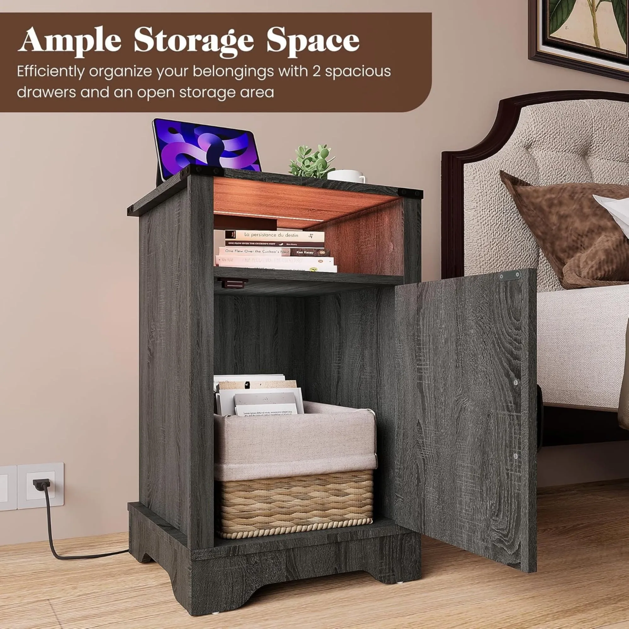 CozyHome LED Nightstand Set of 2 with Charging Station, Bedside Table with Storage Cabinet and Shelf, Rustic End Table, Farmhouse Wooden Side Table, for Bedroom, Living Room, Grey