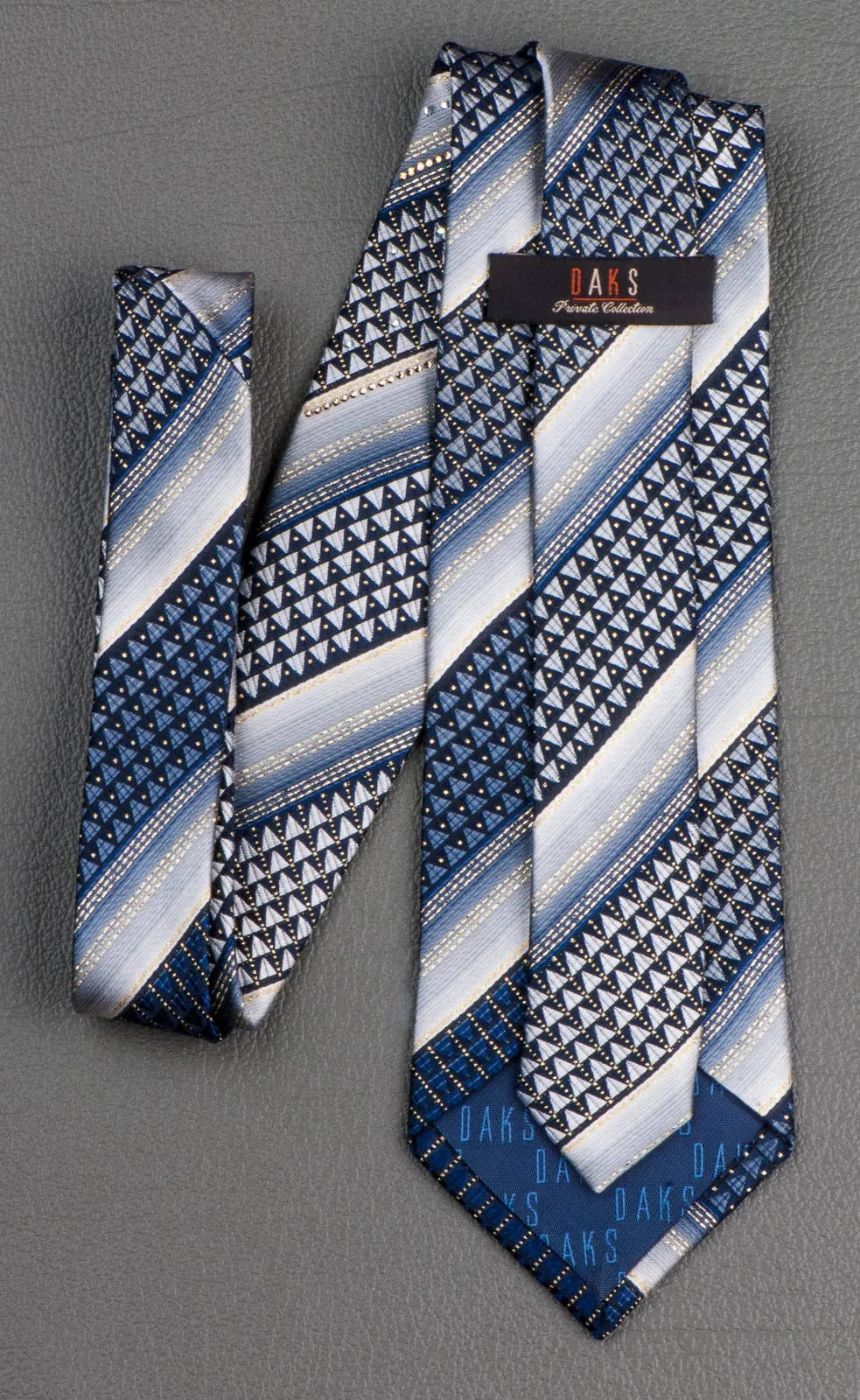Daks Rhinestone Silk Neck Tie Gray & Black Stripes With Golden Highlights
