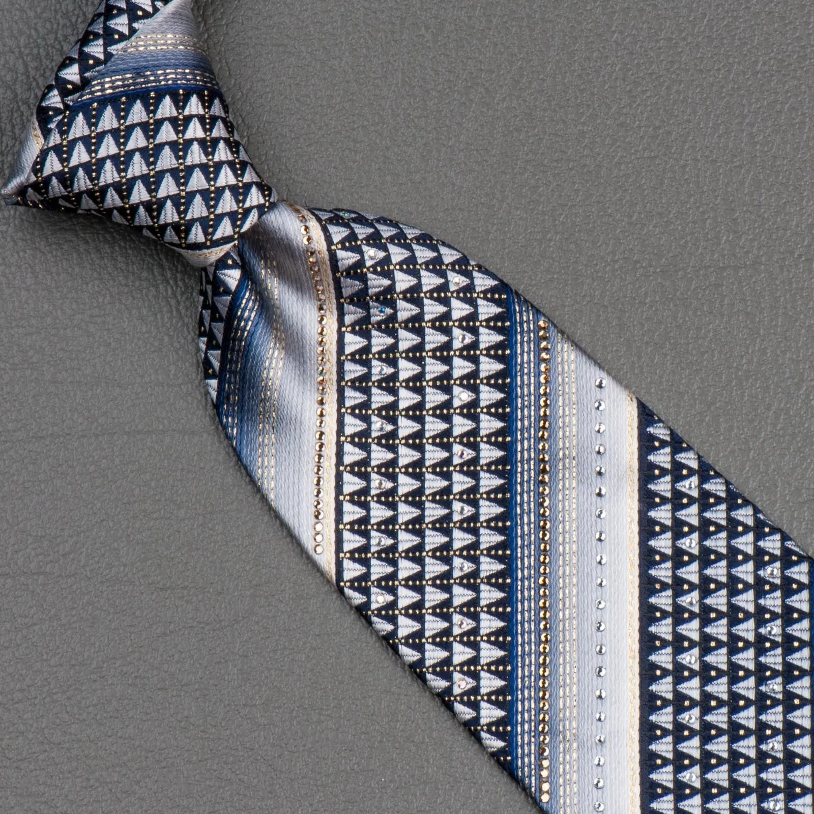 Daks Rhinestone Silk Neck Tie Gray & Black Stripes With Golden Highlights