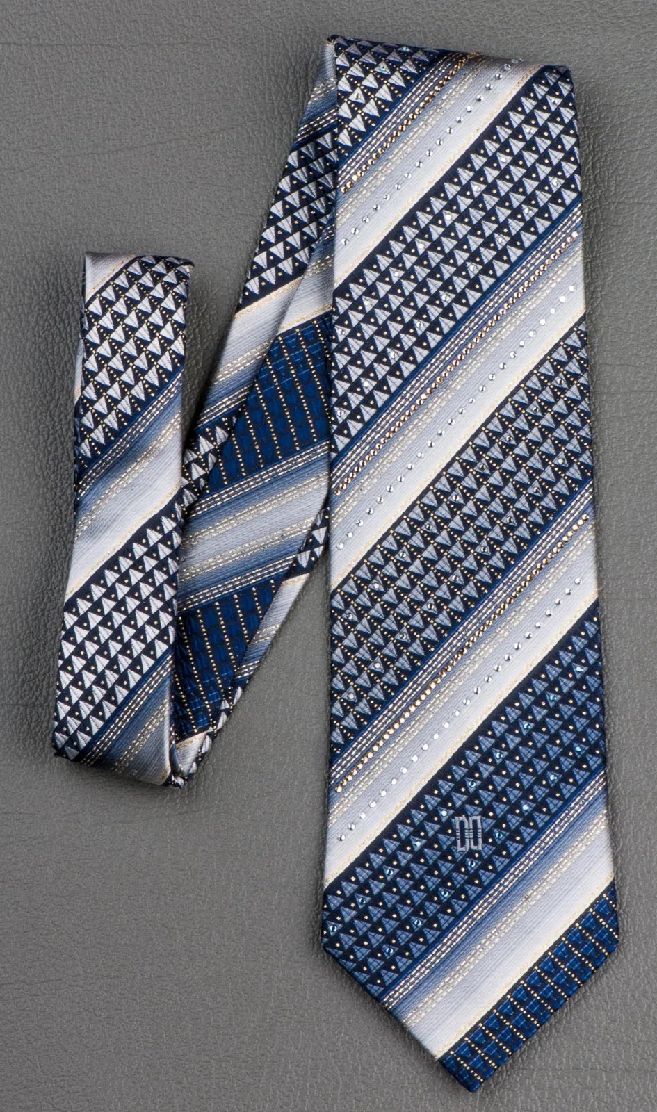 Daks Rhinestone Silk Neck Tie Gray & Black Stripes With Golden Highlights