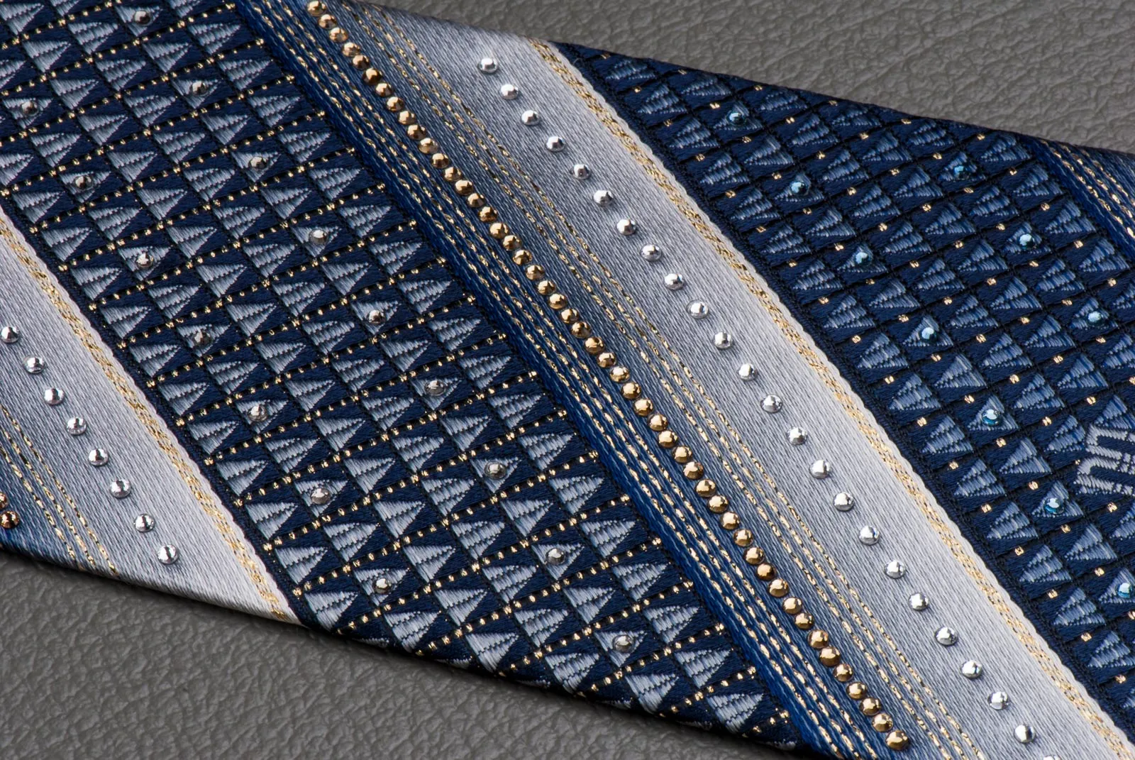 Daks Rhinestone Silk Neck Tie Gray & Black Stripes With Golden Highlights