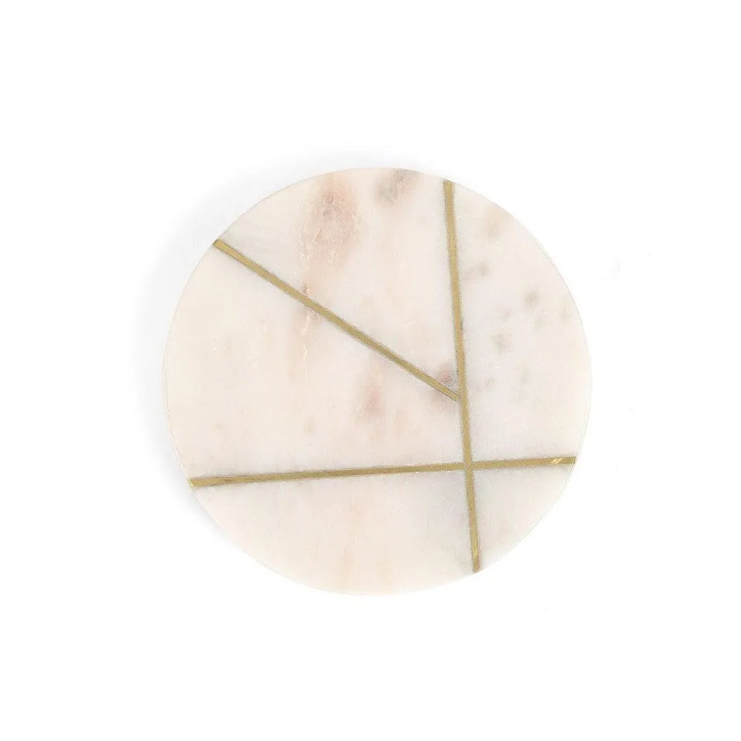 Decorative Round Marble and Brass Coasters White- Set Of 4