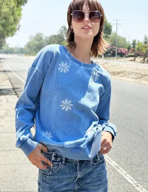 Denim Daisy Embroidered Sweatshirt
