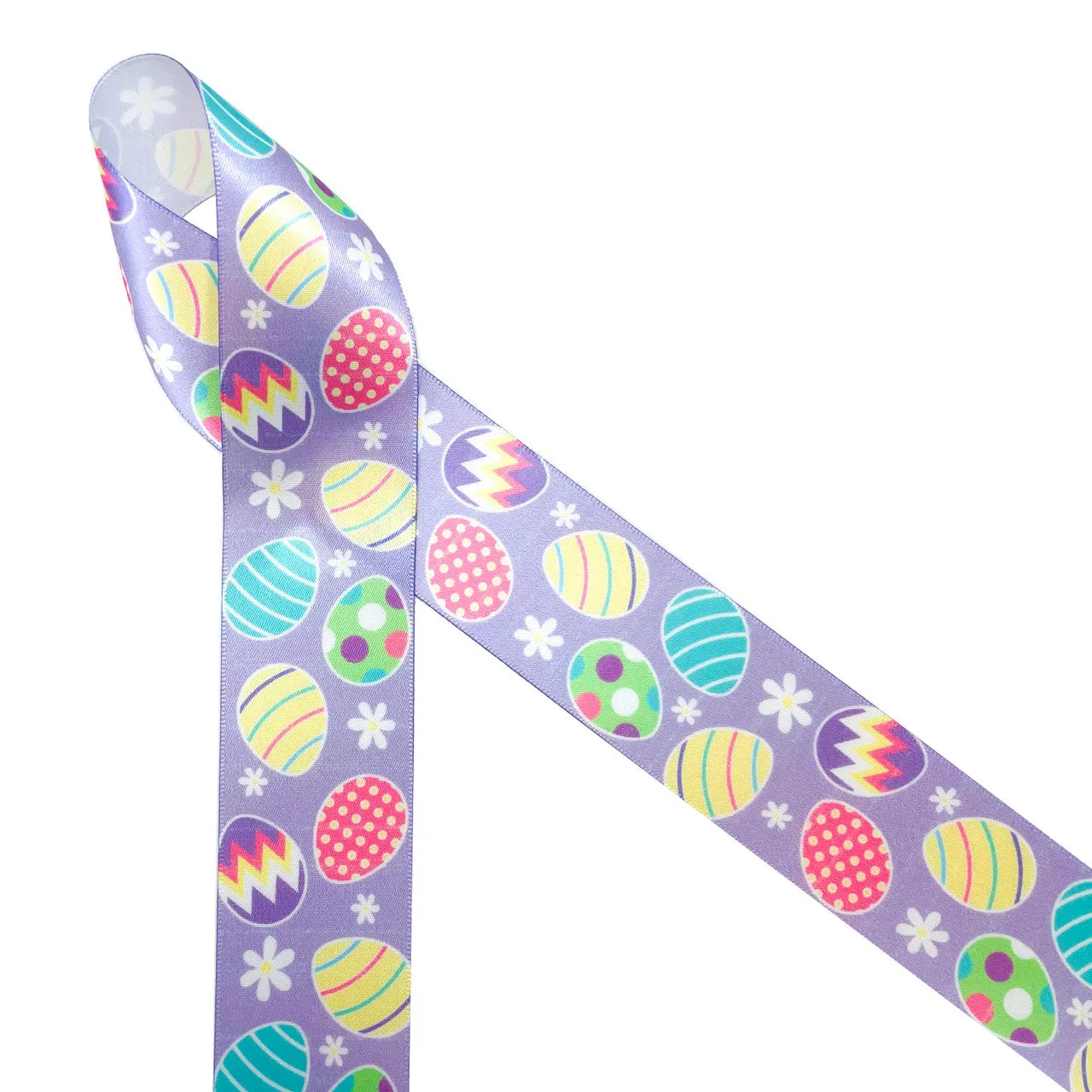 Easter ribbon Easter eggs in pastel colors printed on 1.5" white satin