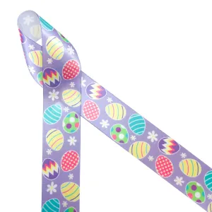 Easter ribbon Easter eggs in pastel colors printed on 1.5" white satin