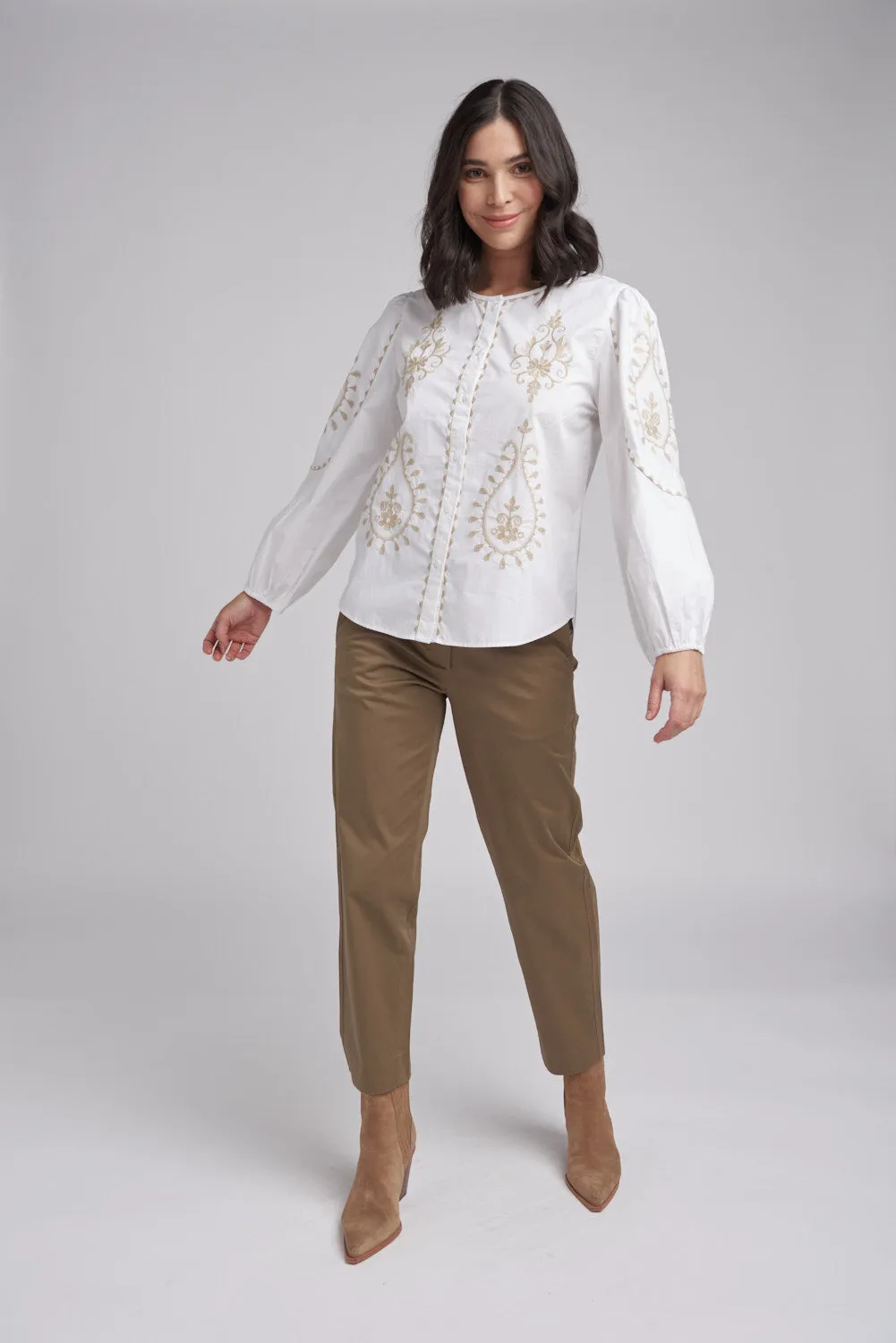 Embroidered Button Through Top White/Latte
