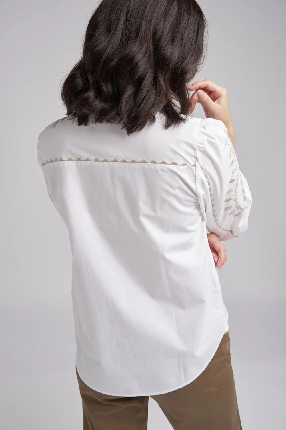 Embroidered Button Through Top White/Latte