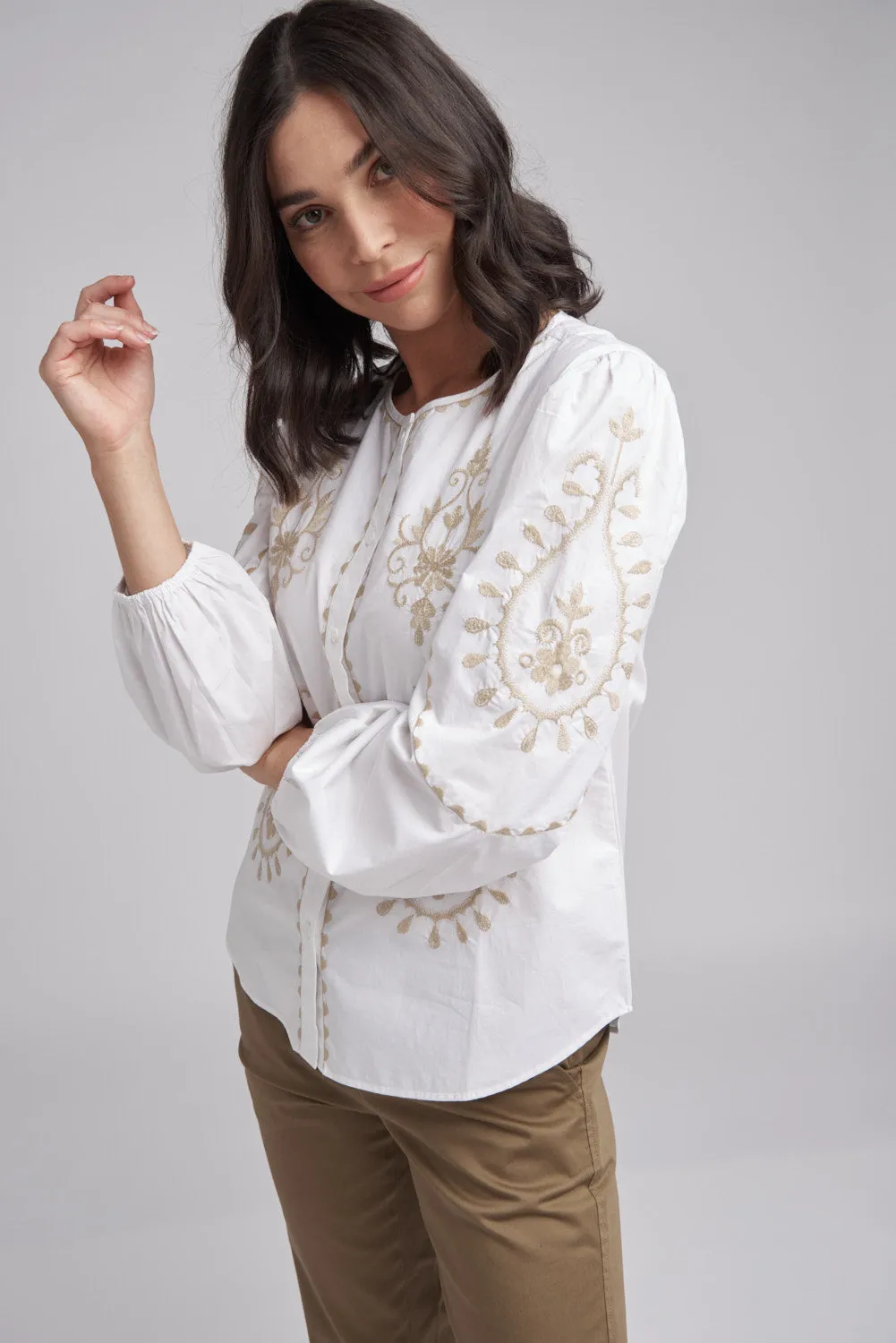 Embroidered Button Through Top White/Latte