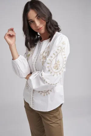 Embroidered Button Through Top White/Latte