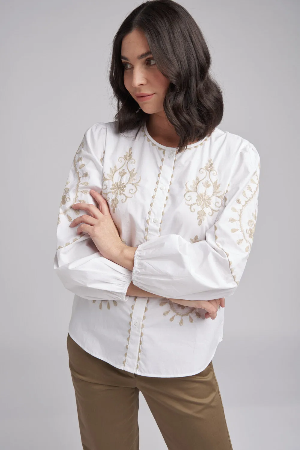 Embroidered Button Through Top White/Latte